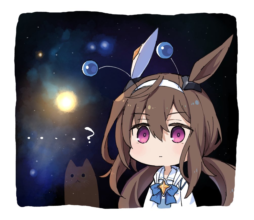 1girl admire_vega_(umamusume) animal_ears blue_bow bow bowtie brown_hair cat ear_covers ear_ornament english_commentary fake_antennae galaxy_background grey_hairband hair_between_eyes hairband horse_ears horse_girl jacket long_hair long_sleeves low_twintails meme no_thoughts_head_empty_(meme) official_alternate_costume official_alternate_hairstyle purple_eyes shirt silver_hairband single_ear_cover starheart sun twintails uma_stars_(umamusume) umamusume white_jacket