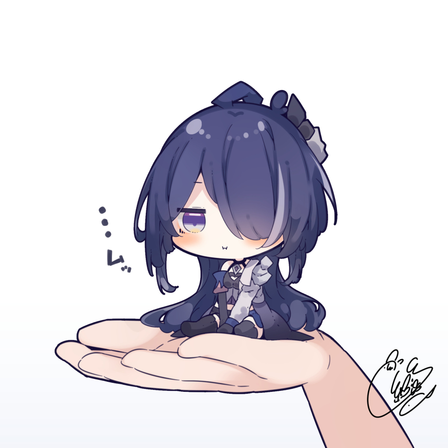 1girl 1other :i acheron_(honkai:_star_rail) asymmetrical_gloves beni_shake between_legs black_footwear black_gloves black_shorts blue_hair blush boots breasts chibi closed_mouth commentary_request elbow_gloves gloves hair_over_one_eye hand_between_legs hand_up honkai:_star_rail honkai_(series) in_palm long_hair medium_breasts out_of_frame pout purple_eyes shorts signature simple_background single_elbow_glove sitting solo_focus thigh_boots translation_request very_long_hair white_background