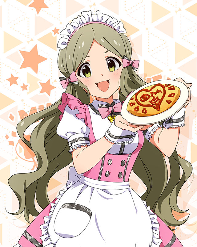 1girl apron blush bow bowtie breasts butterfly_ornament dot_nose dress fluffy_hair food food_art frilled_apron frilled_skirt frills grey_hair hair_ribbon holding holding_plate idolmaster idolmaster_million_live! idolmaster_million_live!_theater_days ketchup long_hair looking_at_viewer maid_headdress official_alternate_costume official_art omelet omurice open_mouth parted_bangs pink_bow pink_bowtie pink_dress pink_ribbon plate pretty_waitress_(idolmaster) puffy_short_sleeves puffy_sleeves ribbon shirt short_sleeves skirt small_breasts solo starry_background thighhighs twintails upper_body v-shaped_eyebrows very_long_hair waist_apron wavy_hair white_apron white_shirt white_thighhighs wrist_cuffs