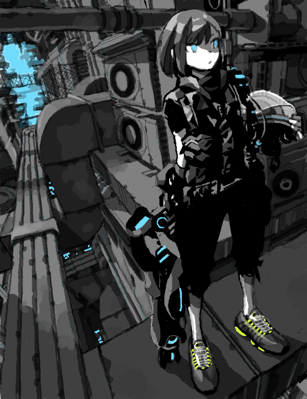 1girl air_conditioner bad_drawr_id bad_id black_pants blue_eyes character_request colored_skin copyright_request gloves helmet holding holding_helmet industrial_pipe kmgr looking_at_viewer monochrome oekaki pants perspective shoes short_hair sneakers solo spot_color standing unworn_headwear unworn_helmet white_skin