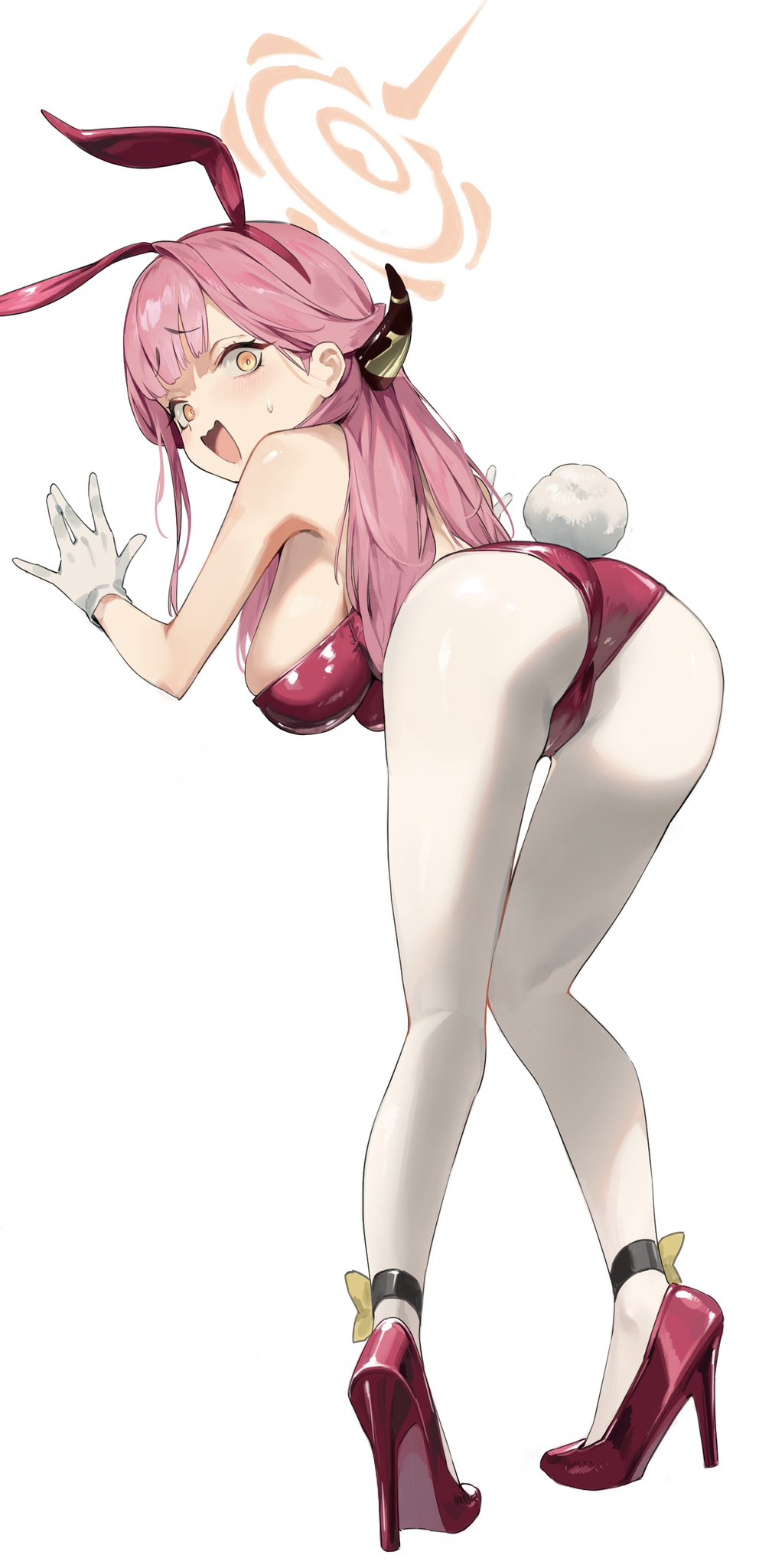 1girl animal_ears aru_(blue_archive) ass back bare_shoulders blue_archive blush breasts brown_horns from_behind gloves hairband halo high_heels highres horns large_breasts leaning_forward leotard long_hair looking_back nervous_smile nonco open_mouth pantyhose pigeon-toed pink_hair pink_halo playboy_bunny rabbit_ears rabbit_tail red_footwear red_hairband red_leotard simple_background smile solo sweatdrop tail thighs white_background white_gloves white_pantyhose yellow_eyes