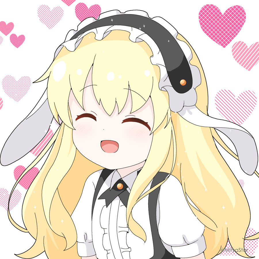 1girl :d ^_^ alice_cartelet black_hairband blonde_hair center_frills closed_eyes collared_shirt commentary_request cosplay fleur_de_lapin_uniform frilled_hairband frills gochuumon_wa_usagi_desu_ka? hairband heart kin-iro_mosaic long_hair mitya puffy_short_sleeves puffy_sleeves shirt short_sleeves simple_background smile solo uniform upper_body waitress white_background white_shirt