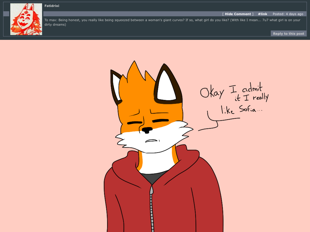 2018 4:3 anthro ask_blog batspid2 black_eyebrows black_nose brown_body brown_fur canid canine clothing dialogue digital_drawing_(artwork) digital_media_(artwork) ear_markings english_text eyebrows eyes_closed facial_tuft flat_colors fox front_view frown fur grey_clothing grey_topwear hoodie male mammal max_(batspid2) multicolored_body multicolored_fur orange_body orange_fur pink_background question red_clothing red_topwear simple_background solo sweatshirt text topwear tuft white_body white_fur