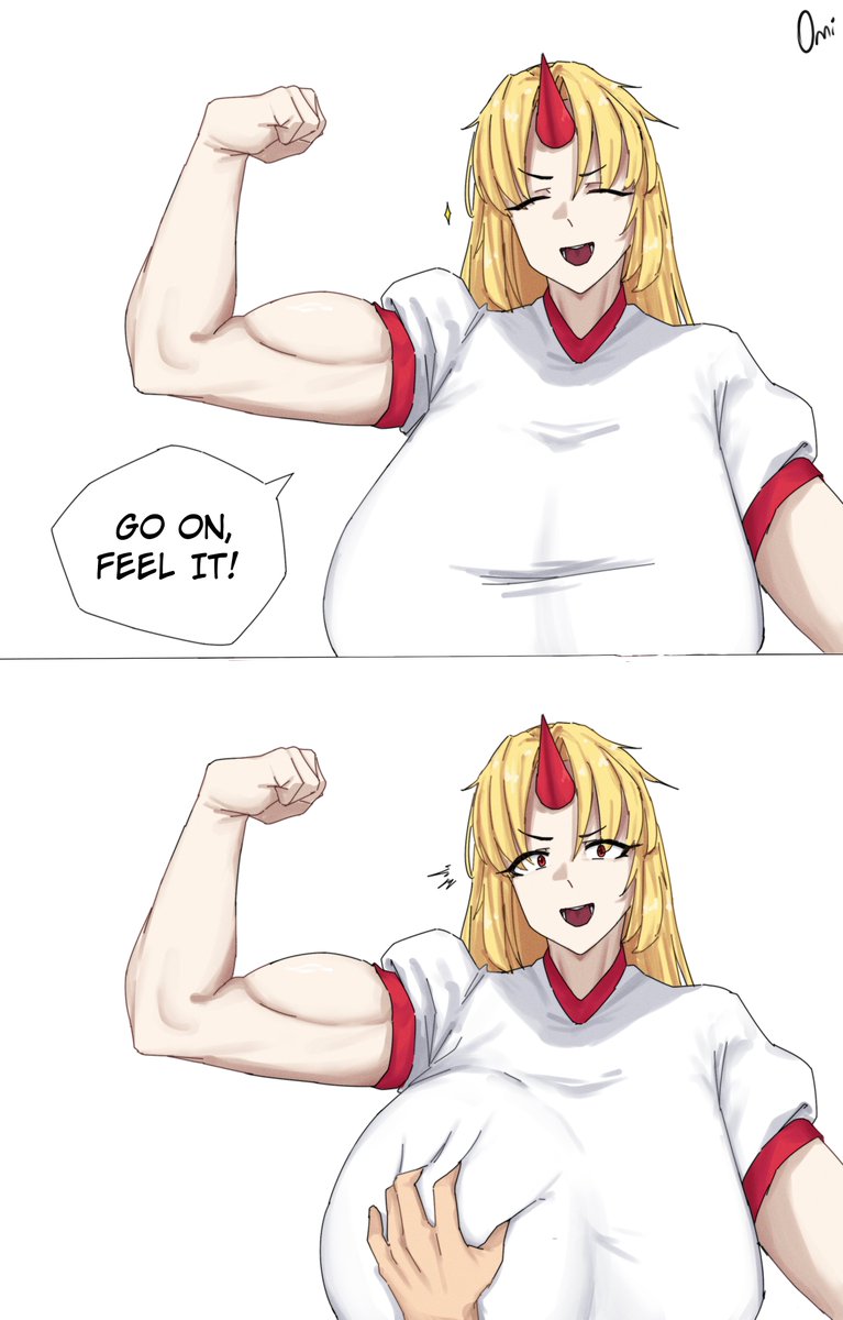 1girl ^_^ blonde_hair breasts clenched_hand closed_eyes english_text flexing grabbing grabbing_another's_breast gym_shirt head_tilt highres horns hoshiguma_yuugi huge_breasts long_hair looking_at_viewer omikami open_mouth red_eyes shirt single_horn smile solo_focus surprised touhou white_shirt