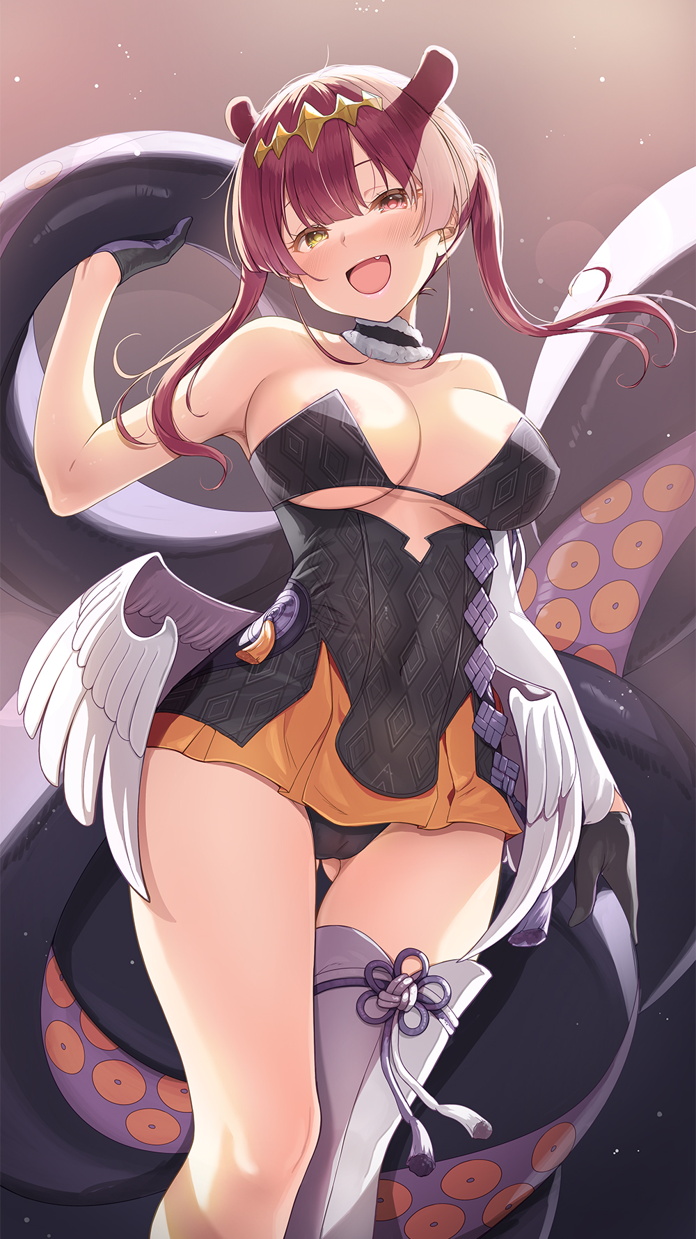 1girl :d ass_visible_through_thighs black_dress black_gloves black_panties blush breasts cleavage commentary_request cosplay covered_navel dress fang feathered_wings gloves hair_between_eyes hairband heterochromia highres hololive hololive_english houshou_marine large_breasts long_hair low_wings mk_(mod0) ninomae_ina'nis ninomae_ina'nis_(1st_costume) ninomae_ina'nis_(cosplay) open_mouth panties red_eyes single_sleeve single_thighhigh smile solo standing strapless strapless_dress tail tentacles thighhighs tube_dress twintails underwear virtual_youtuber white_sleeves wings yellow_eyes