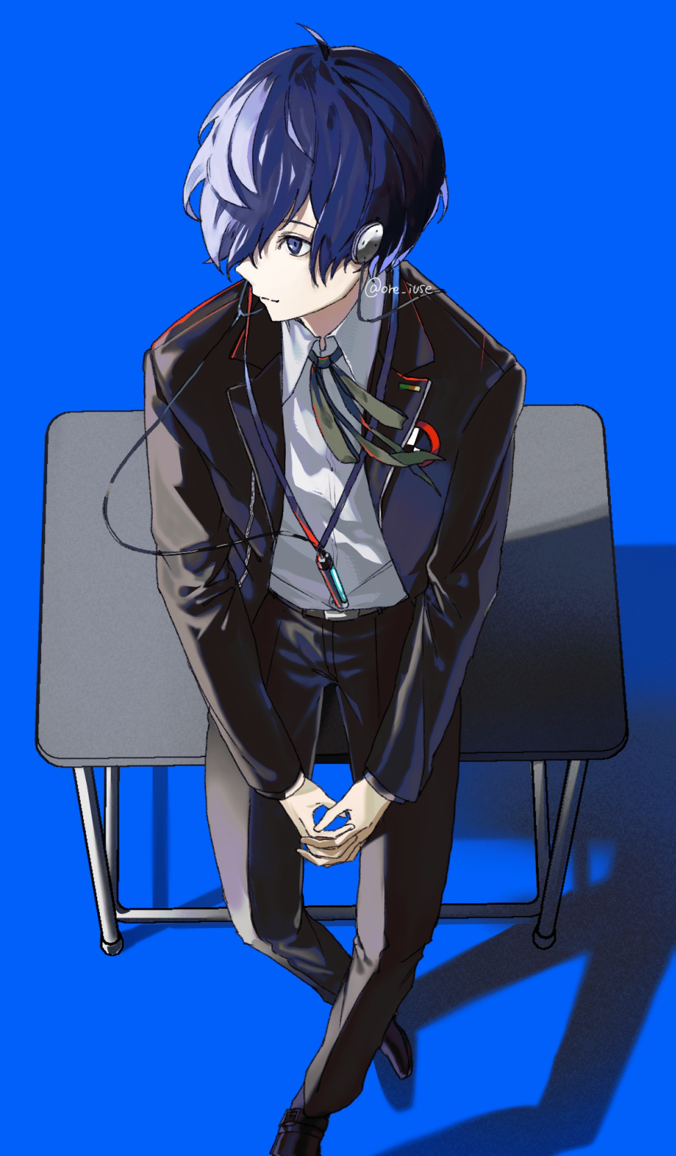 1boy black_footwear black_jacket black_pants black_ribbon blue_background blue_eyes blue_hair closed_mouth collared_shirt desk dress_shirt foot_out_of_frame from_above gekkoukan_high_school_uniform hair_over_one_eye highres jacket long_sleeves male_focus neck_ribbon open_clothes open_jacket ore_iuse pants persona persona_3 ribbon school_uniform shirt short_hair sitting solo white_shirt wing_collar yuuki_makoto_(persona_3)