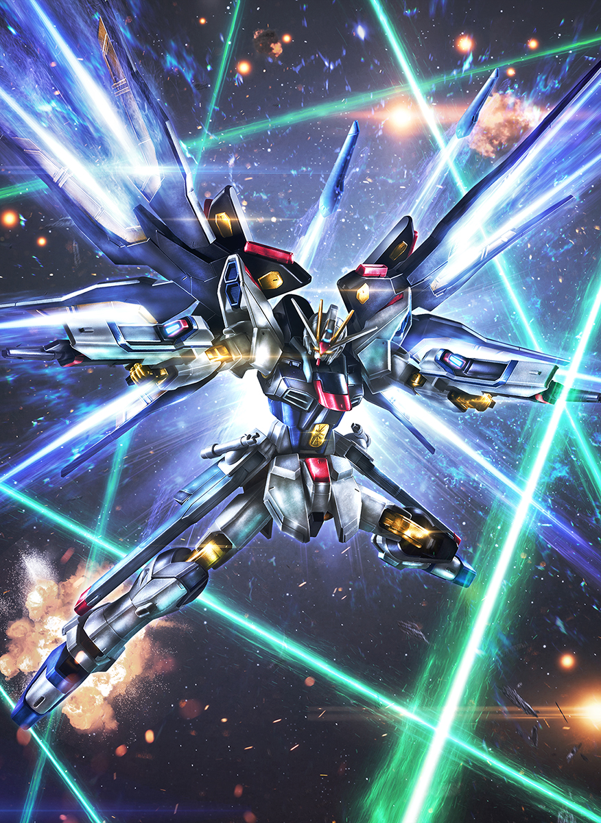 asteroid beam_rifle commentary_request debris dual_wielding energy_gun exhaust explosion full_body glowing glowing_eyes gun gundam gundam_seed gundam_seed_destiny highres holding holding_gun holding_weapon laser legs_apart light_particles mecha mecha_focus mechanical_wings mobile_suit no_humans outstretched_arms robot science_fiction solo space star_(sky) strike_freedom_gundam v-fin weapon wings yellow_eyes youiki