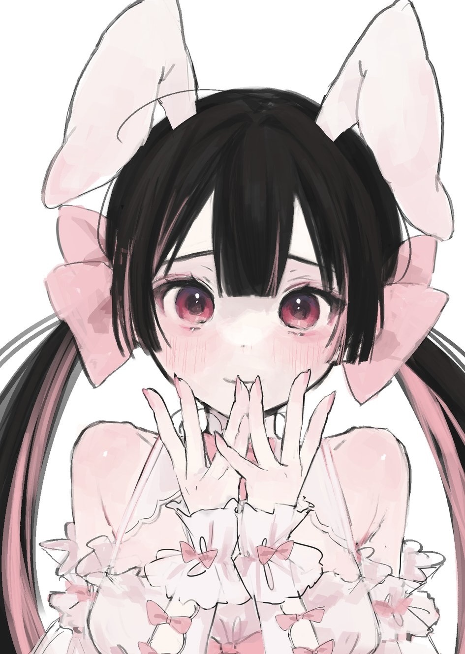 1girl animal_ears bare_shoulders black_hair blush bow breasts dress fake_animal_ears hair_bow highres iq033 long_hair looking_at_viewer medium_breasts multicolored_hair original pink_bow pink_eyes pink_hair rabbit_ears simple_background smile solo twintails two-tone_hair upper_body white_background white_dress wrist_cuffs