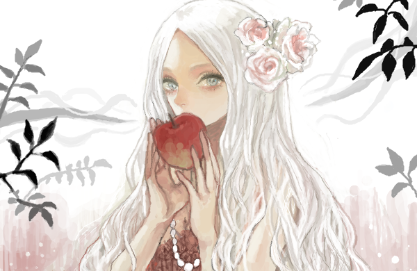 1girl apple bad_drawr_id bad_id bead_necklace beads blue_eyes character_request copyright_request em_(emily) flower food fruit hair_flower hair_ornament holding holding_food holding_fruit jewelry leaf long_hair necklace oekaki original parted_bangs rose solo white_background white_flower white_hair white_rose