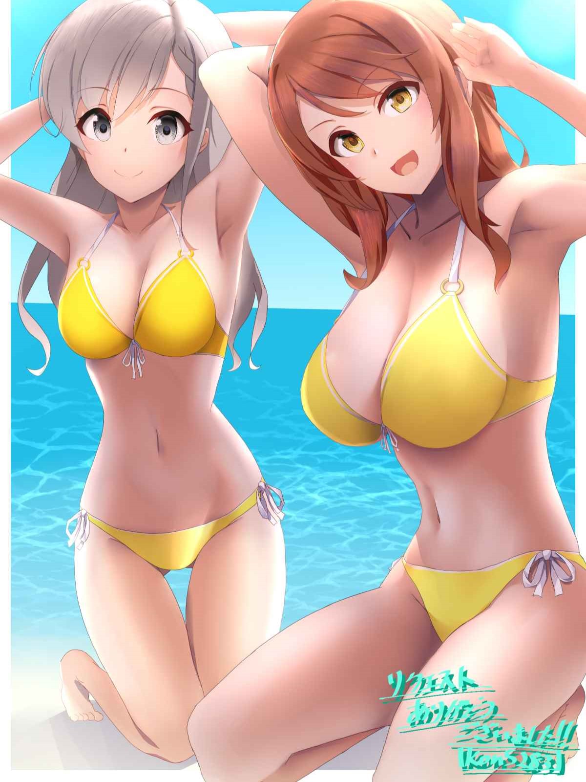 1girl armpits arms_behind_head beach bikini blue_sky breasts brown_eyes cleavage cloud commentary_request day grey_eyes grey_hair highres hisakawa_hayate hojo_karen horizon idolmaster idolmaster_cinderella_girls kon5283 large_breasts long_hair medium_breasts navel ocean outdoors presenting_armpit side-tie_bikini_bottom sky smile solo swimsuit yellow_bikini