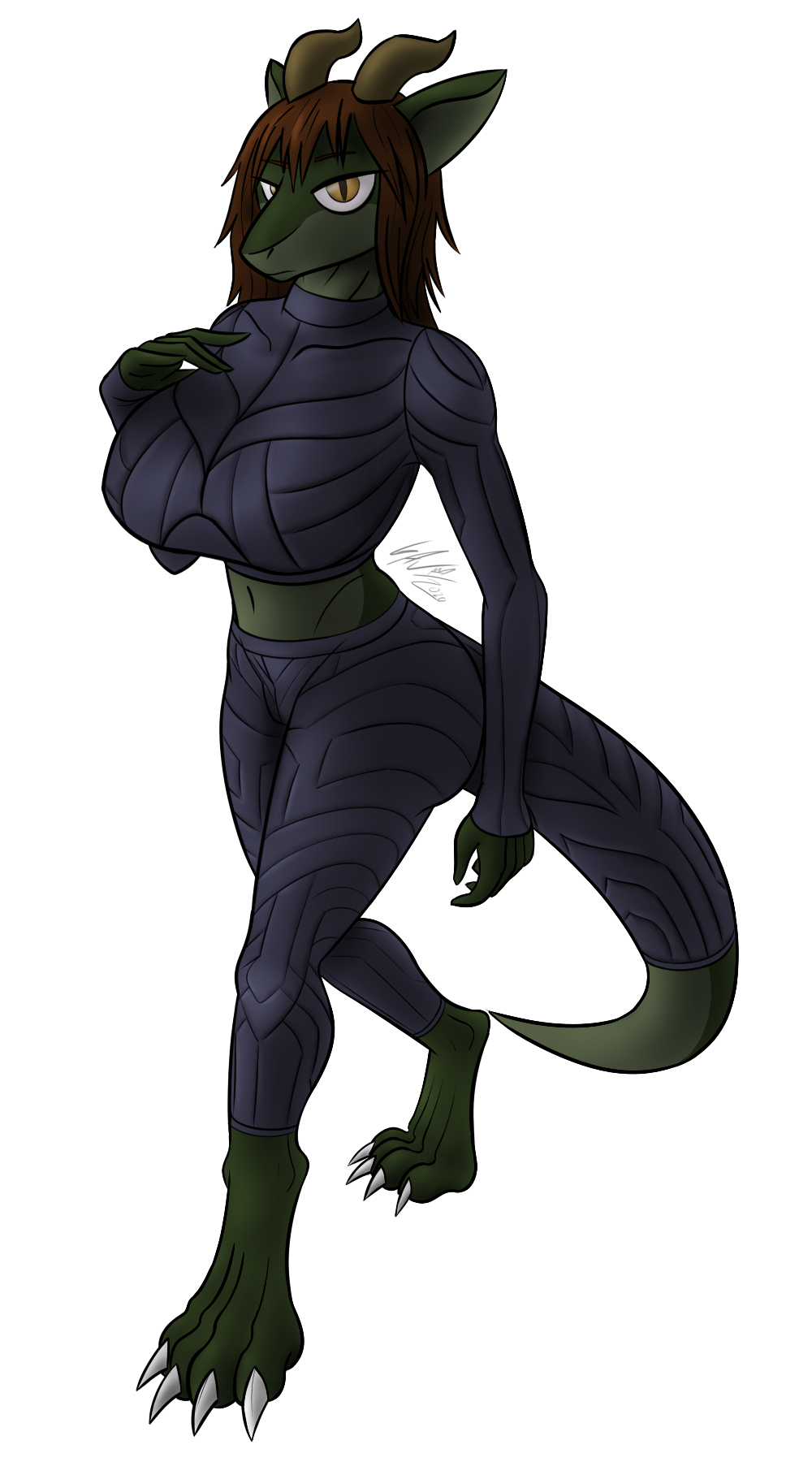 alpha_channel amber_eyes anthro big_breasts bottomwear breasts brown_hair clothing dragon eyewear female green_body green_skin hair hand_on_breast hi_res horn komissar_bav looking_at_viewer midriff scalie simple_background skinsuit solo solo_focus tight_clothing tight_fit topwear transparent_background
