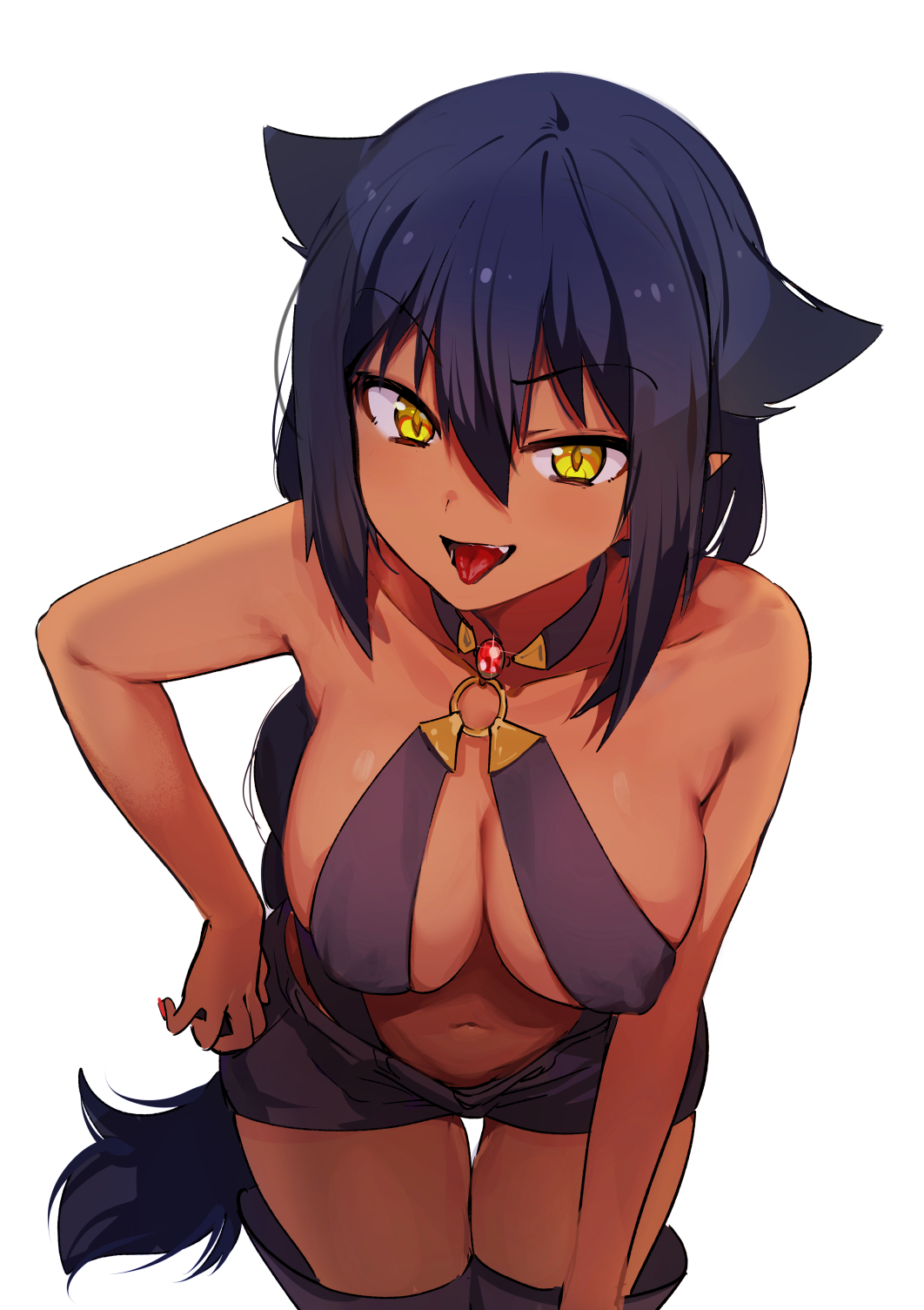 1girl bare_shoulders black_hair breasts collarbone covered_nipples dark_skin eyebrows_visible_through_hair fang gem hair_between_eyes hair_flaps hand_on_hip hand_on_own_knee highres jahy jahy_sama_wa_kujikenai konbu_wakame leaning_forward long_hair looking_at_viewer medium_breasts navel o-ring o-ring_top official_art open_mouth pointy_ears revision shorts simple_background solo thigh_gap tongue tongue_out very_long_hair white_background yellow_eyes