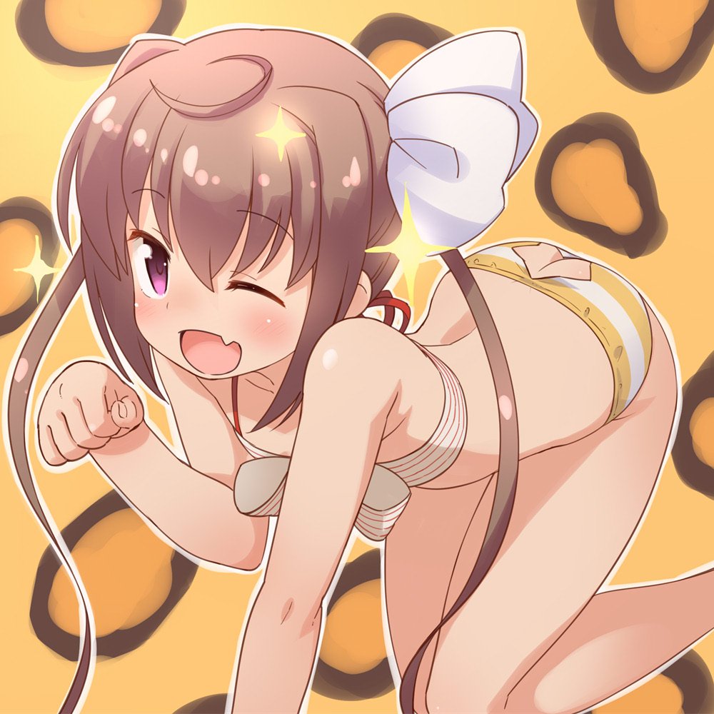 1girl ahoge all_fours animal_print ass bandeau bikini brown_hair butt_crack check_commentary commentary_request eyebrows_visible_through_hair fang flat_chest hondarai long_hair momochi_tamate one_eye_closed paw_pose purple_eyes skin_fang slow_start solo star_cutout striped striped_bikini swimsuit twintails