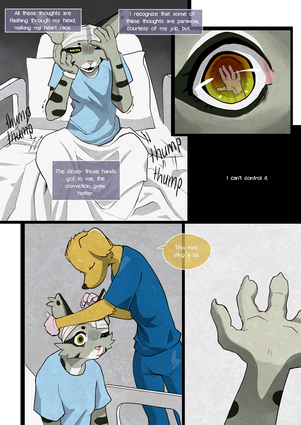 anthro bandage bird_dog black_spots brown_eyes brown_nose canid canine canis claws clothed clothing clouded_leopard comic dialogue digital_media_(artwork) doctor domestic_dog duo english_text eyes_closed felid female fingers floppy_ears fur gloves golden_retriever grey_body grey_fur grimart hand_on_head handwear hospital hunting_dog jonesy_hoovus_(grimart) latex_gloves mammal open_mouth pantherine paranoid pink_nose retriever scared schizophrenia simple_background sitting speech_bubble spots spotted_body spotted_fur stressed text topwear