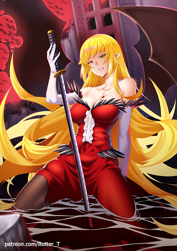 1girl arm_support bakemonogatari bangs bare_shoulders bat_wings black_legwear black_ribbon black_wings blonde_hair blood blood_on_breasts breasts butter-t cleavage collarbone dress elbow_gloves eyebrows_visible_through_hair feather-trimmed_gloves feather_trim gloves holding holding_sword holding_weapon katana kiss-shot_acerola-orion_heart-under-blade large_breasts long_hair looking_at_viewer monogatari_(series) pantyhose partially_submerged pointy_ears red_dress ribbon sidelocks solo strapless strapless_dress sword vampire very_long_hair water weapon white_gloves wings yellow_eyes