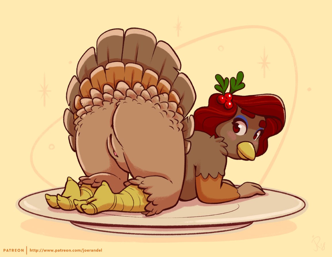 all_fours anthro anus ass_up avian big_butt bird brown_body brown_feathers butt butt_focus feathers female full-length_portrait galliform genitals holidays joe_randel nude on_plate phasianid plate portrait presenting presenting_hindquarters presenting_pussy pussy rear_view solo thanksgiving turkey