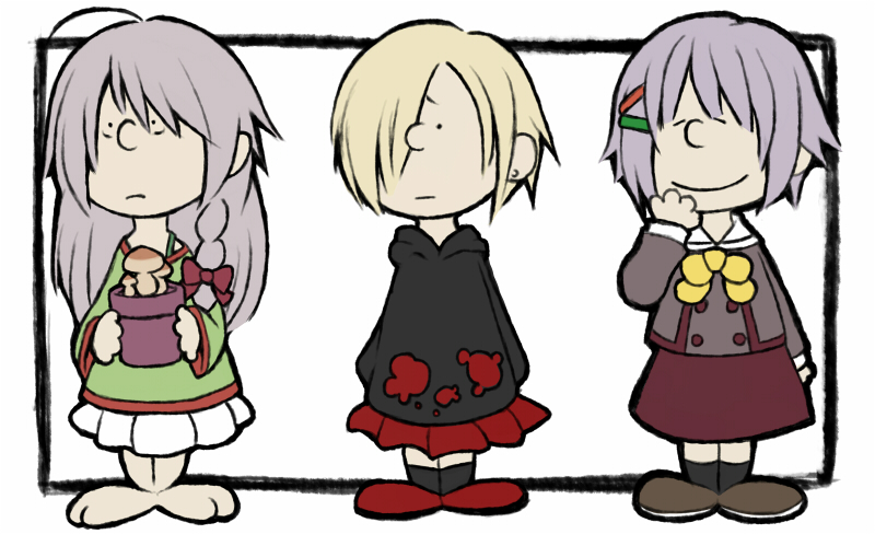 3girls ayame_(0419) bow bowtie braid hair_bow hair_over_one_eye hood hoodie hoshi_shouko idolmaster idolmaster_cinderella_girls idolmaster_cinderella_girls_starlight_stage koshimizu_sachiko multiple_girls mushroom parody peanuts plant potted_plant purple_hair red_bow shirasaka_koume simple_background single_braid style_parody white_background yellow_neckwear