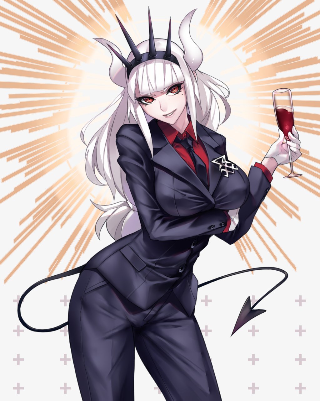 1girl alcohol arm_under_breasts ban black_jacket black_neckwear black_pants black_tail breasts business_suit collared_shirt cup demon_girl demon_horns demon_tail drinking_glass eyebrows_visible_through_hair formal gloves hair_ornament head_tilt helltaker highres holding holding_cup horns huge_breasts jacket large_breasts long_hair long_sleeves looking_at_viewer lucifer_(helltaker) mole mole_under_eye monster_girl necktie neckwear pants red_eyes red_shirt shirt simple_background smile smirk solo suit tail upper_body very_long_hair white_background white_gloves white_hair white_horns wine wine_glass