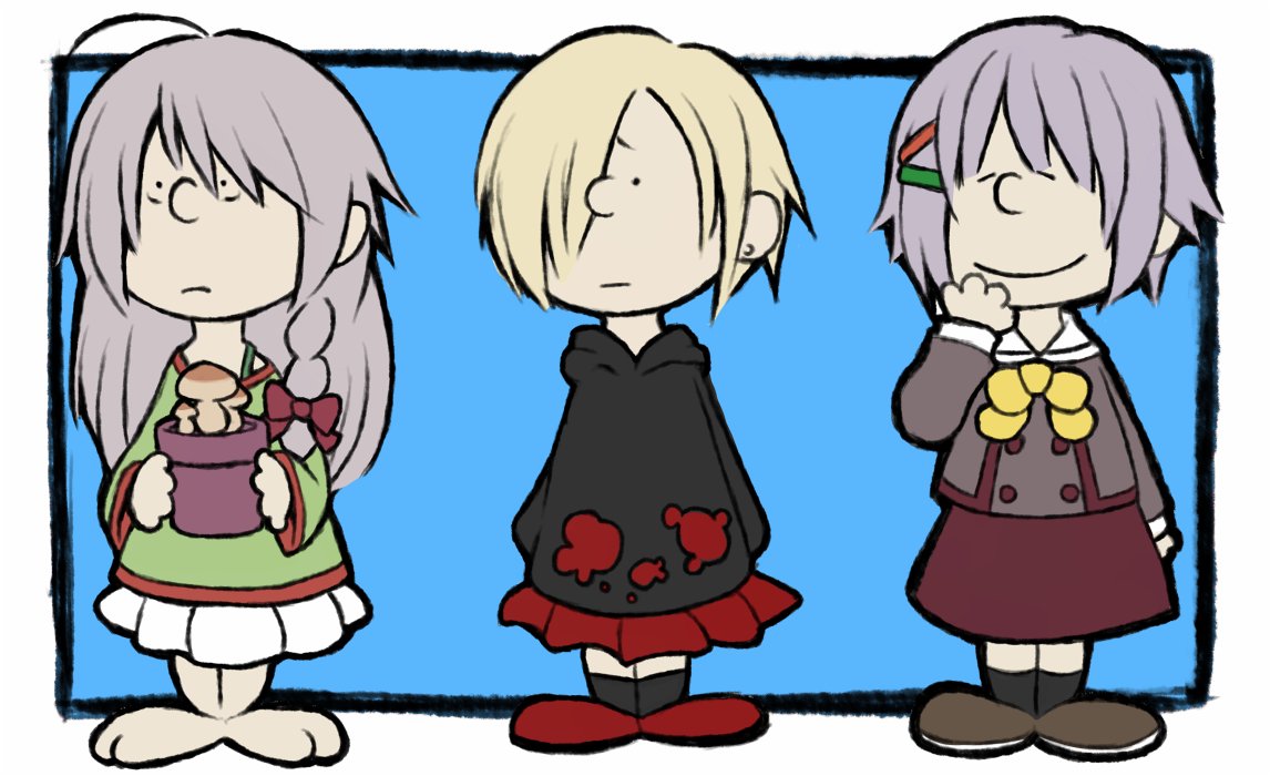 3girls ayame_(0419) bow bowtie braid hair_bow hair_over_one_eye hood hoodie hoshi_shouko idolmaster idolmaster_cinderella_girls idolmaster_cinderella_girls_starlight_stage koshimizu_sachiko multiple_girls mushroom parody peanuts plant potted_plant purple_hair red_bow shirasaka_koume simple_background single_braid style_parody yellow_neckwear