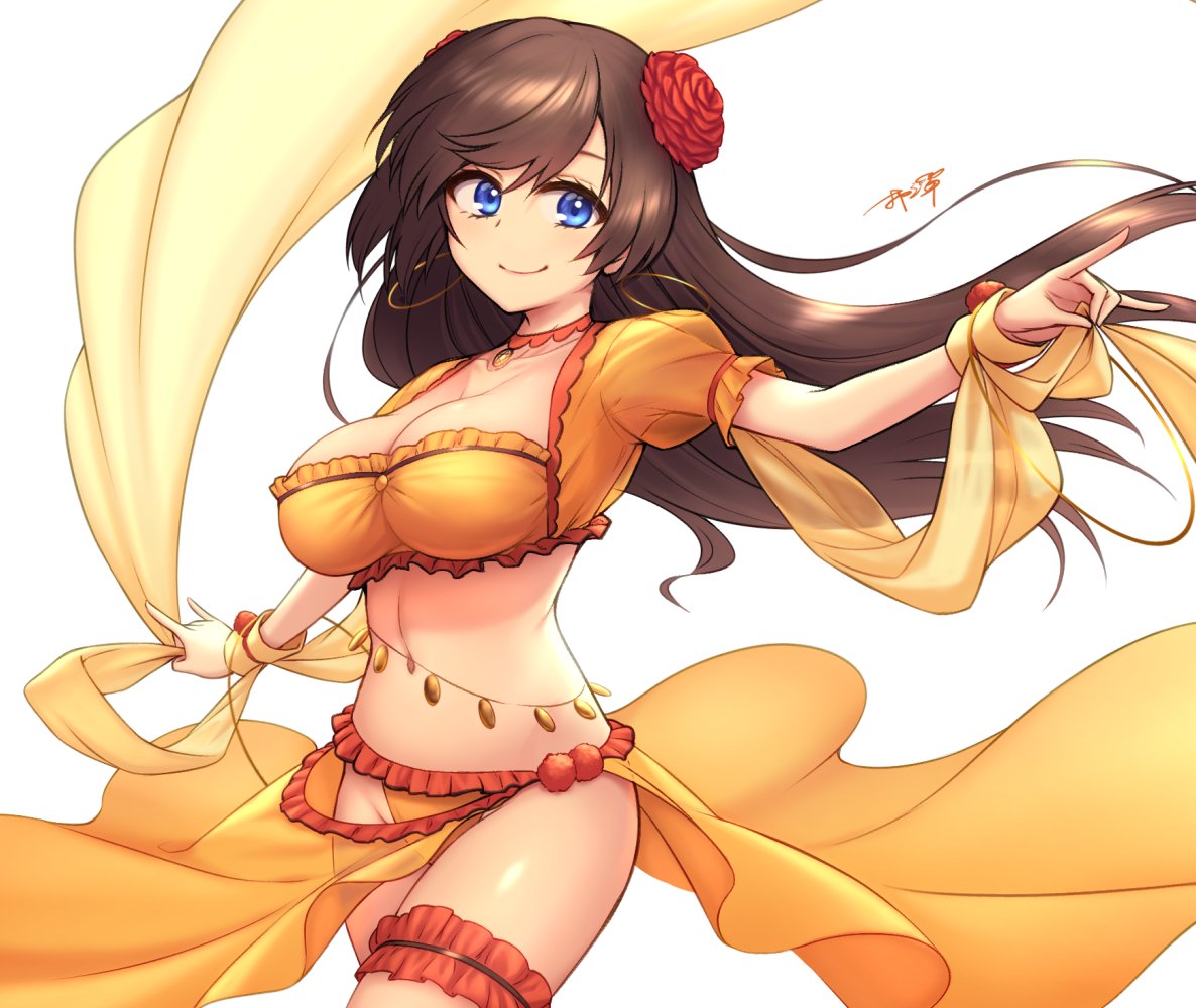 1girl blue_eyes breasts brown_hair cleavage cowboy_shot crop_top dancer earrings fate/grand_order fate_(series) floating_hair flower frills hair_flower hair_ornament hoop_earrings jewelry large_breasts leg_garter long_hair looking_at_viewer mata_hari_(fate/grand_order) midriff navel orange_panties orange_shirt oyaji-sou panties red_flower revealing_clothes shawl shirt short_sleeves simple_background smile solo stomach thighs underwear white_background