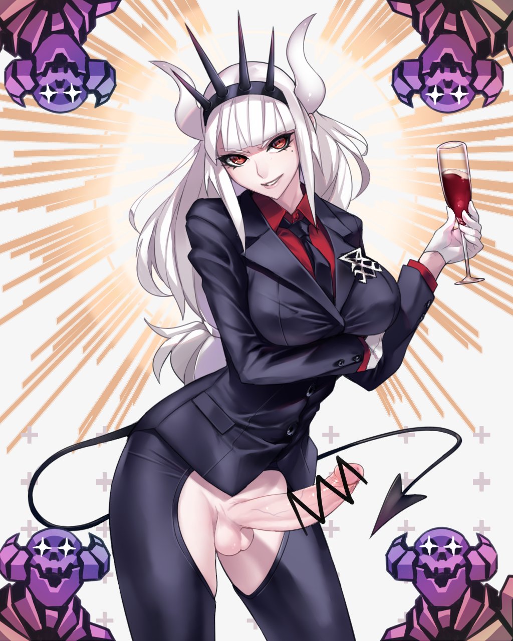 1girl alcohol arm_under_breasts ban black_jacket black_neckwear black_pants black_tail breasts business_suit censored collared_shirt cup demon_girl demon_horns demon_tail drinking_glass eyebrows_visible_through_hair formal gloves hair_ornament head_tilt helltaker highres holding holding_cup horns huge_breasts jacket large_breasts large_penis long_hair long_sleeves looking_at_viewer lucifer_(helltaker) mole mole_under_eye monster_girl necktie neckwear pants penis red_eyes red_shirt shirt simple_background smile smirk solo suit tail testicles upper_body very_long_hair white_background white_gloves white_hair white_horns wine wine_glass