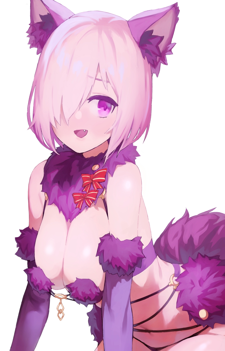 1girl animal_ears bangs bare_shoulders blush bow breasts chorogon cleavage dangerous_beast elbow_gloves fang fate/grand_order fate_(series) fur-trimmed_gloves fur_collar fur_trim gloves hair_over_one_eye halloween_costume highres large_breasts lavender_hair looking_at_viewer mash_kyrielight navel o-ring open_mouth purple_eyes purple_gloves red_bow revealing_clothes short_hair simple_background smile tail white_background wolf_ears wolf_tail