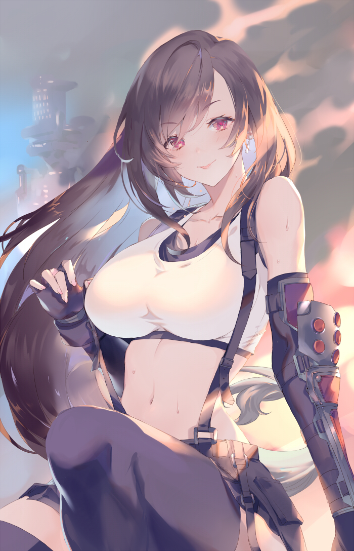 1girl arm_support bangs bare_shoulders belt black_belt black_hair black_legwear black_skirt black_sports_bra blush breasts cityscape collarbone commentary_request cowboy_shot crop_top earrings elbow_gloves eyebrows_visible_through_hair final_fantasy final_fantasy_vii final_fantasy_vii_remake fingerless_gloves floating_hair gauntlets gloves hair_between_eyes hanatora_yuki jewelry knee_up large_breasts long_hair looking_at_viewer low-tied_long_hair midriff navel purple_eyes shirt sidelocks sitting skirt smile smoke solo suspender_skirt suspenders suspenders_pull sweat tank_top taut_clothes taut_shirt thighhighs tifa_lockhart white_tank_top zettai_ryouiki