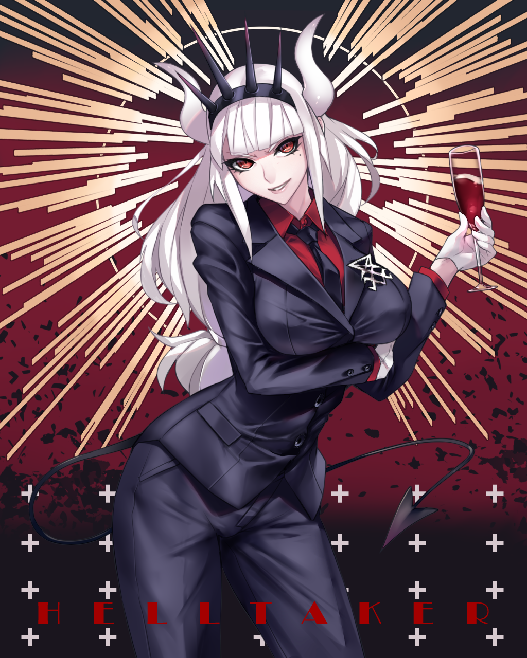 1girl alcohol ban bangs blunt_bangs breasts copyright_name crown cup demon_girl drinking_glass formal gloves grin helltaker highres horns long_hair looking_at_viewer lucifer_(helltaker) mole mole_under_eye necktie red_eyes smile solo suit white_gloves white_hair wine wine_glass