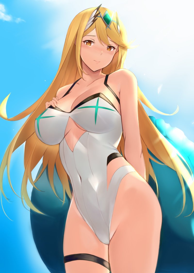 1girl 3: alternate_costume arm_behind_back bangs bare_shoulders blonde_hair blue_sky blush breasts brown_eyes cleavage closed_mouth collarbone competition_swimsuit covered_navel day frown groin highleg highleg_swimsuit hikari_(xenoblade_2) innertube large_breasts long_hair looking_at_viewer one-piece_swimsuit outdoors saisarisu sky solo straight_hair swept_bangs swimsuit thigh_strap tiara underboob underboob_cutout very_long_hair white_swimsuit xenoblade_(series) xenoblade_2