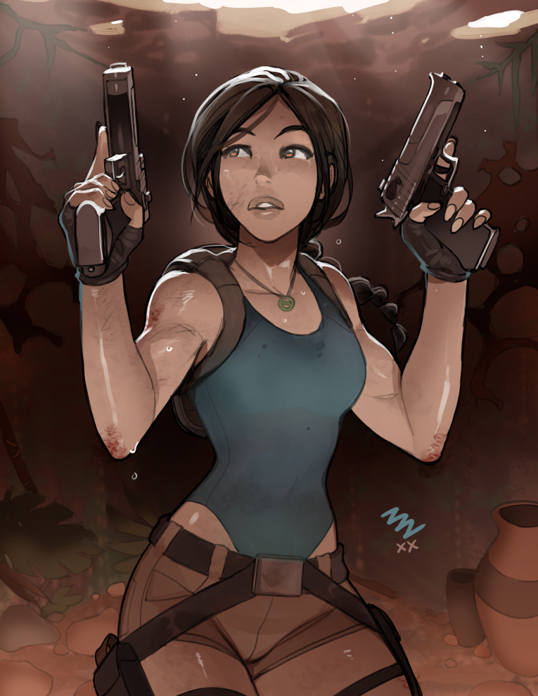 1girl alternate_breast_size backpack bag black_gloves blood blue_leotard braid breasts brown_eyes brown_hair brown_shorts cave commentary dirty dirty_face dual_wielding english_commentary fingerless_gloves gloves gun handgun holding holding_gun holding_weapon holster injury lara_croft leotard long_braid long_hair looking_up mike_nesbitt penis pistol short_shorts shorts single_braid small_breasts solo sweat thigh_holster tomb_raider trigger_discipline weapon