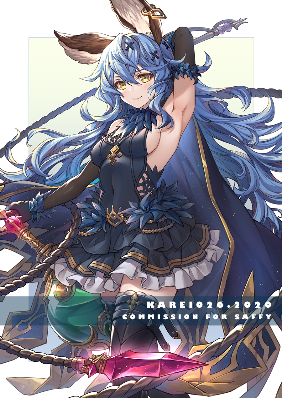 1girl animal_ears arm_up armpits backless_dress backless_outfit bare_shoulders black_dress black_gloves black_legwear blue_hair breasts commission curry_bowl dress earrings elbow_gloves erune ferry_(granblue_fantasy) frilled_dress frills gloves granblue_fantasy highres holding_whip hoop_earrings jewelry long_hair looking_at_viewer sideboob sideless_outfit single_earring sleeveless sleeveless_dress smile solo thighhighs wavy_hair whip yellow_eyes zettai_ryouiki