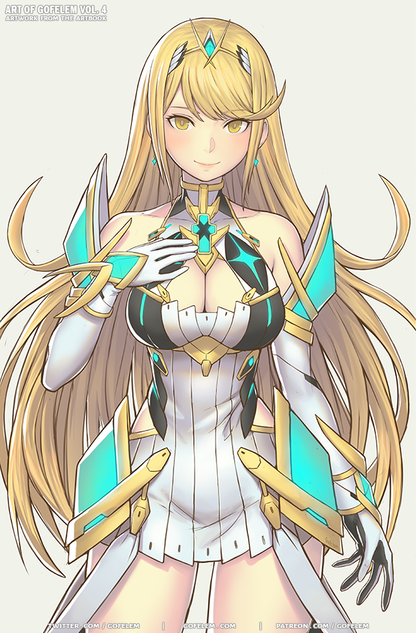 1girl bangs bare_shoulders blonde_hair breasts cleavage cowboy_shot dress elbow_gloves gem gloves hand_on_own_chest headpiece hikari_(xenoblade_2) jewelry long_hair marfrey smile solo swept_bangs tiara white_dress white_gloves xenoblade_(series) xenoblade_2 yellow_eyes