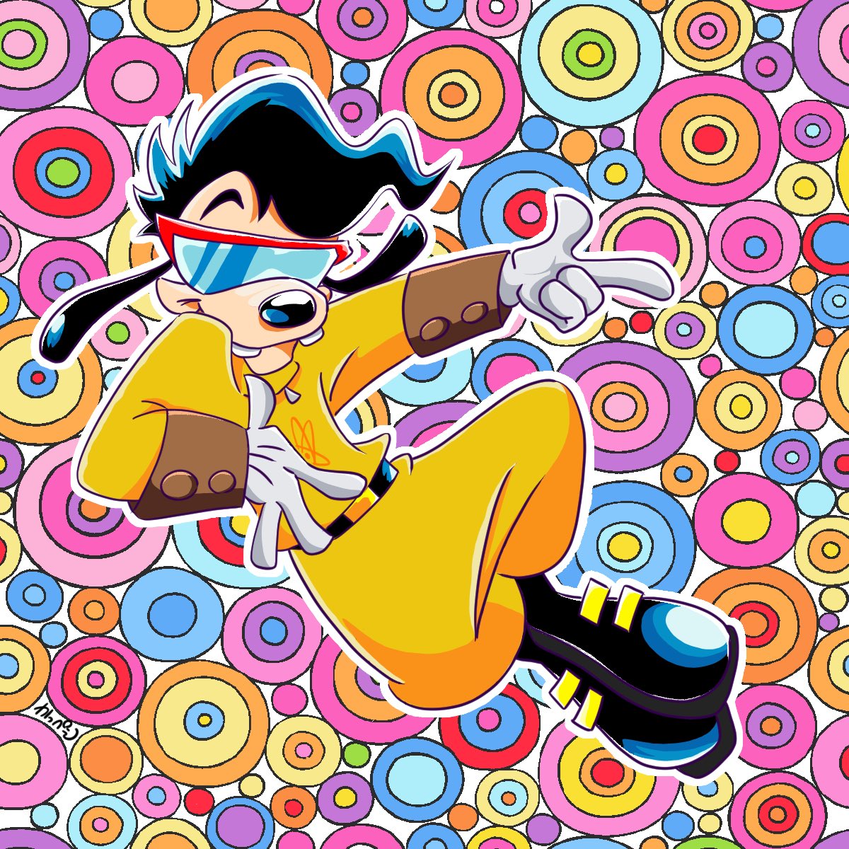 1:1 abstract_background anthro belt canid canine canis clothing cosplay disney domestic_dog eyewear glasses gloves goof_troop handwear hi_res kappei_yamaguchi male mammal max_goof powerline solo