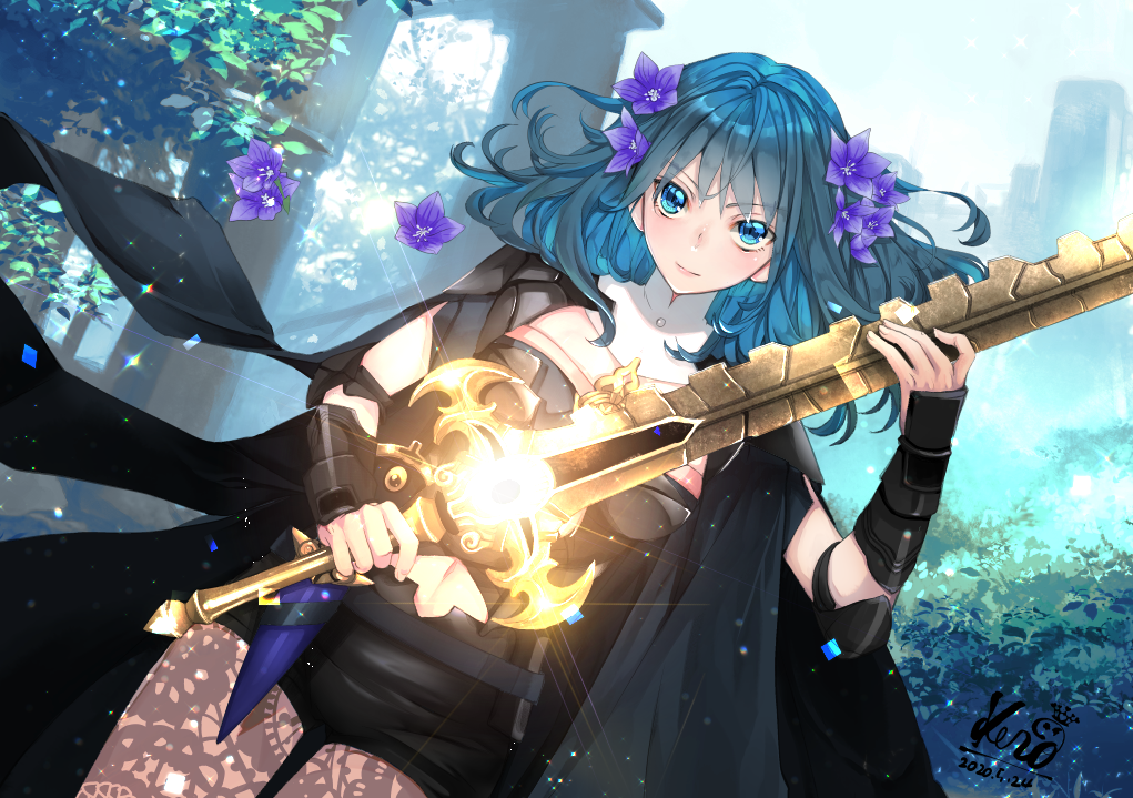 1girl armor artist_name black_shorts blue_eyes blue_hair byleth_(fire_emblem) byleth_(fire_emblem)_(female) closed_mouth dated fire_emblem fire_emblem:_three_houses flower hair_flower hair_ornament holding holding_sword holding_weapon kero_sweet navel_cutout pantyhose short_shorts shorts solo sword weapon