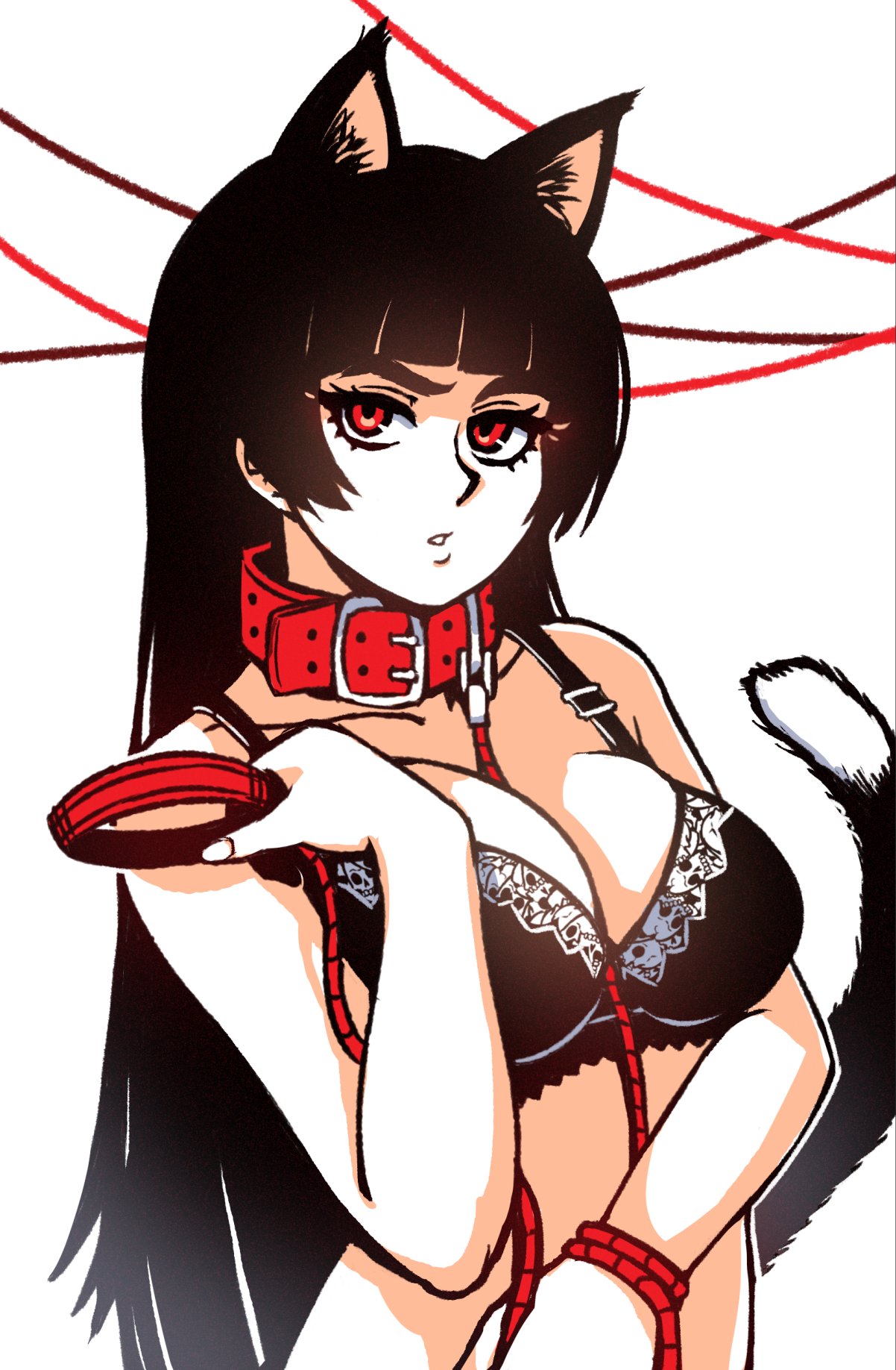 1girl akairiot animal_ears bangs between_breasts black_bra black_hair blunt_bangs bra breasts cat_ears cat_girl cat_tail cleavage collar dog_collar friendly_mutton_chops highres holding_leash large_breasts leash lingerie original red_eyes red_string solo string tail thick_eyebrows underwear upper_body