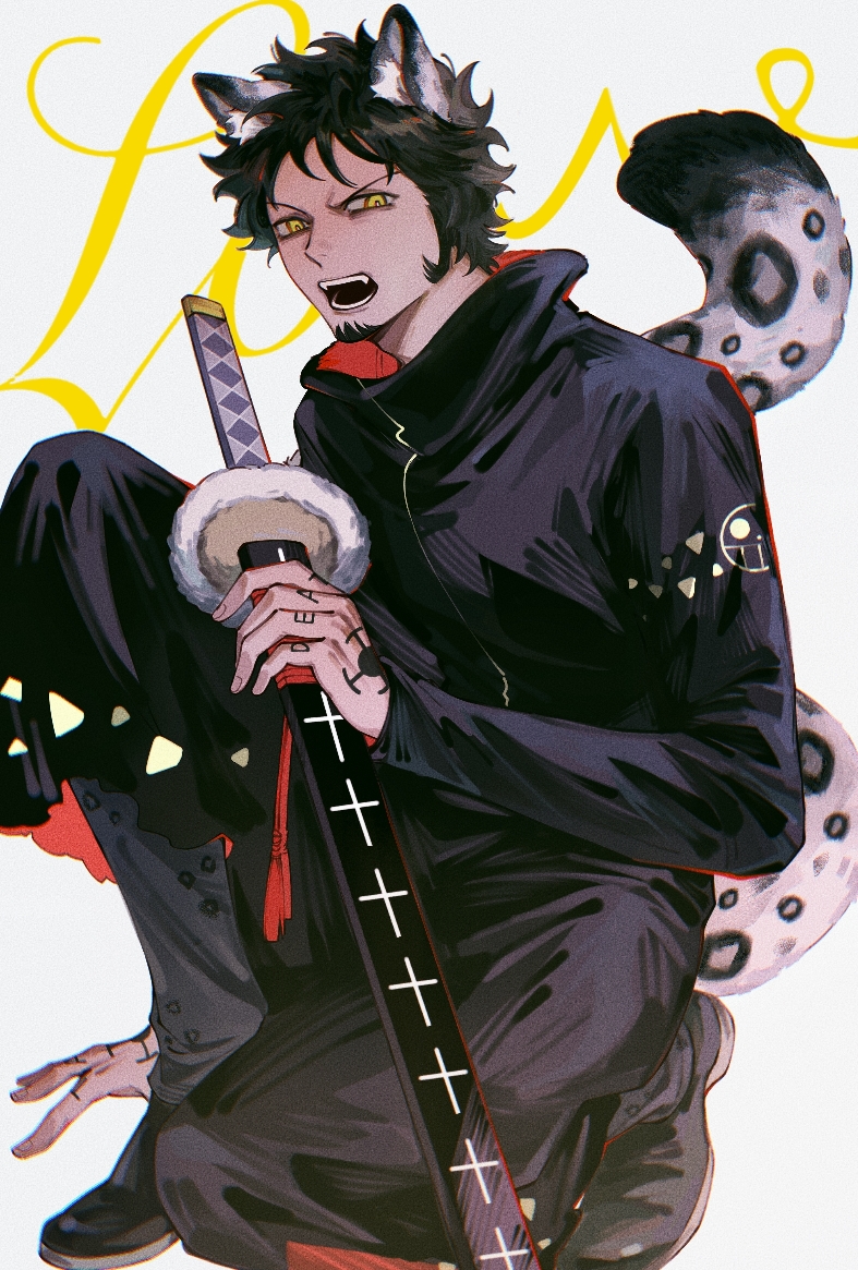 1boy animal_ears bishounen black_hair blush coat denim earrings facial_hair finger_tattoo goatee holding holding_sheath jaguar_boy jaguar_print jeans jewelry jojojojo4444 leopard_boy leopard_ears leopard_tail long_sideburns looking_at_viewer male_focus one_piece open_mouth panther_print pants sheath sideburns snow_leopard solo spotted_tail tail tattoo trafalgar_law yellow_eyes