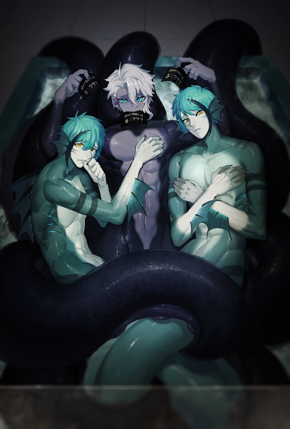 3boys :d abs alternate_form aqua_eyes arm_fins azul_ashengrotto bathtub blue_skin blurry colored_skin covering_chest covering_privates crossed_arms depth_of_field eel_boy facial_mark fins fish_tank floyd_leech frown grey_eyes grey_hair grey_nails grey_skin hair_between_eyes hand_on_another's_chest hands_up head_fins heterochromia highres holding jade_leech kmpp looking_at_another looking_at_viewer lying monster_boy mouth_hold multicolored_hair multicolored_skin multiple_boys nude octopus_boy on_back partially_submerged price_tag purple_skin scratches scratching sharp_teeth short_hair slit_pupils smile streaked_hair teeth tentacles tentacles_on_male thumbs_up tile_floor tiles twisted_wonderland water yellow_eyes