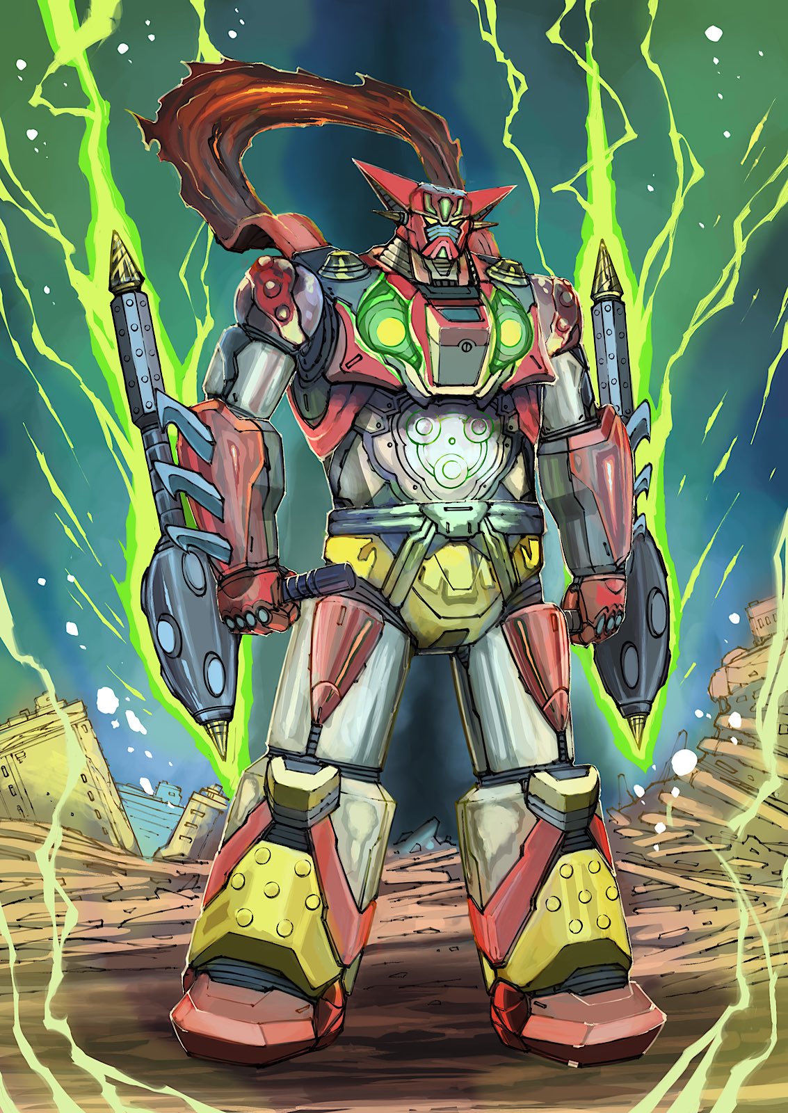 arm_blade armor aura cloak drill getter-1 getter_rays getter_robo green_light green_lightning highres holding holding_weapon joints light_particles mecha multicolored_armor no_humans red_armor red_cloak robot robot_joints ruins science_fiction spikes super_robot tonfa torn_cloak torn_clothes weapon white_armor yamanushi yellow_armor yellow_eyes