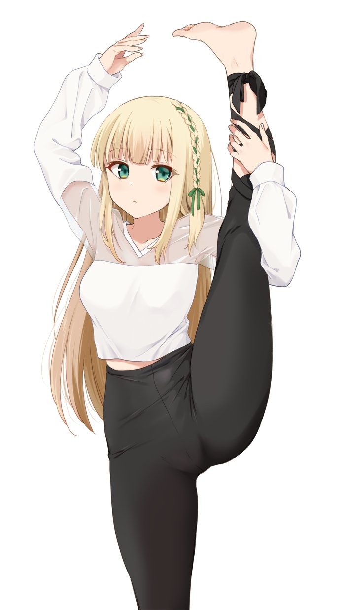 1girl ankle_ribbon barefoot black_pants black_ribbon blonde_hair blunt_bangs blush braid breasts closed_mouth collarbone cowboy_shot crotch_seam dot_nose feet foot_out_of_frame green_eyes green_hair highres holding_own_leg ichinose_rei idoly_pride leg_ribbon legs_apart long_hair long_sleeves looking_at_viewer medium_breasts multicolored_hair pants plum_(arch) raised_eyebrows ribbon see-through see-through_shirt shirt sidelocks simple_background solo split standing standing_on_one_leg standing_split straight_hair streaked_hair toes v-neck white_background white_shirt yoga_pants