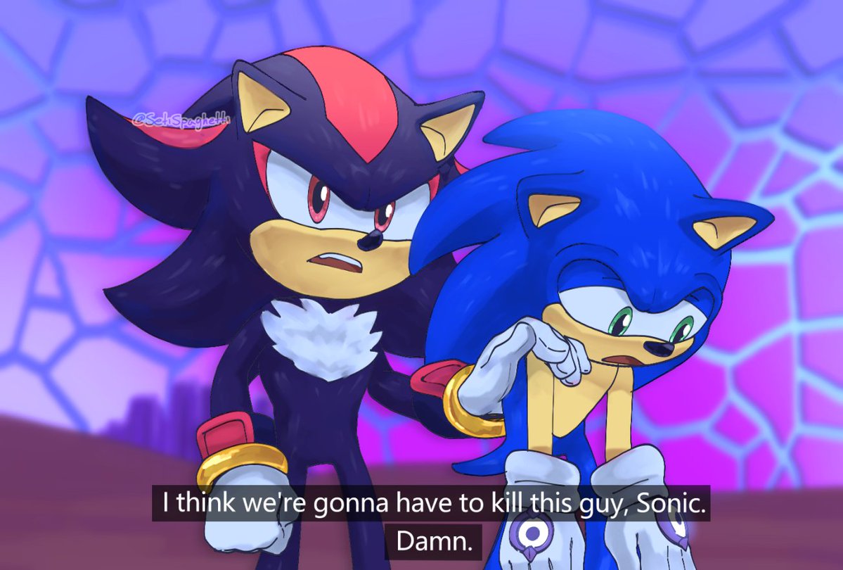 2boys artist_name black_fur blue_fur commentary depressed english_commentary english_text frown furry furry_male gloves hand_on_another's_shoulder hedgehog_tail i_think_we're_gonna_have_to_kill_this_guy_steven_(meme) male_focus meme multiple_boys pink_eyes setispaghetti shadow_the_hedgehog simple_background sonic_prime sonic_the_hedgehog teeth upper_teeth_only white_gloves