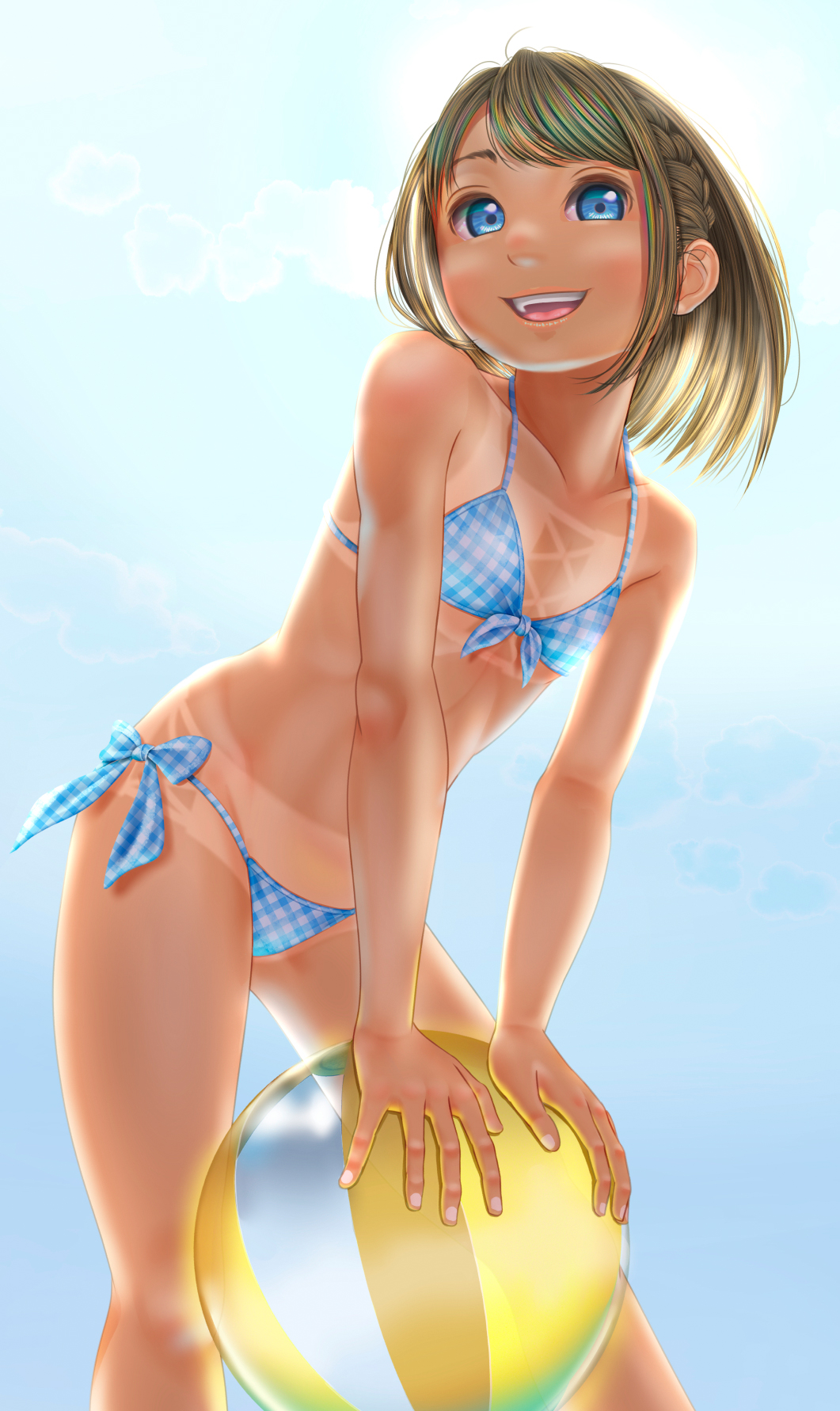 1girl ball beachball bikini blue_background blue_bikini blue_eyes breasts brown_hair commentary_request feet_out_of_frame front-tie_bikini_top front-tie_top gingham_bikini gradient_background highres leaning_forward mixed-language_commentary open_mouth original short_hair side-tie_bikini_bottom small_breasts solo swimsuit tan tanlines teeth upper_teeth_only uzuki_mei