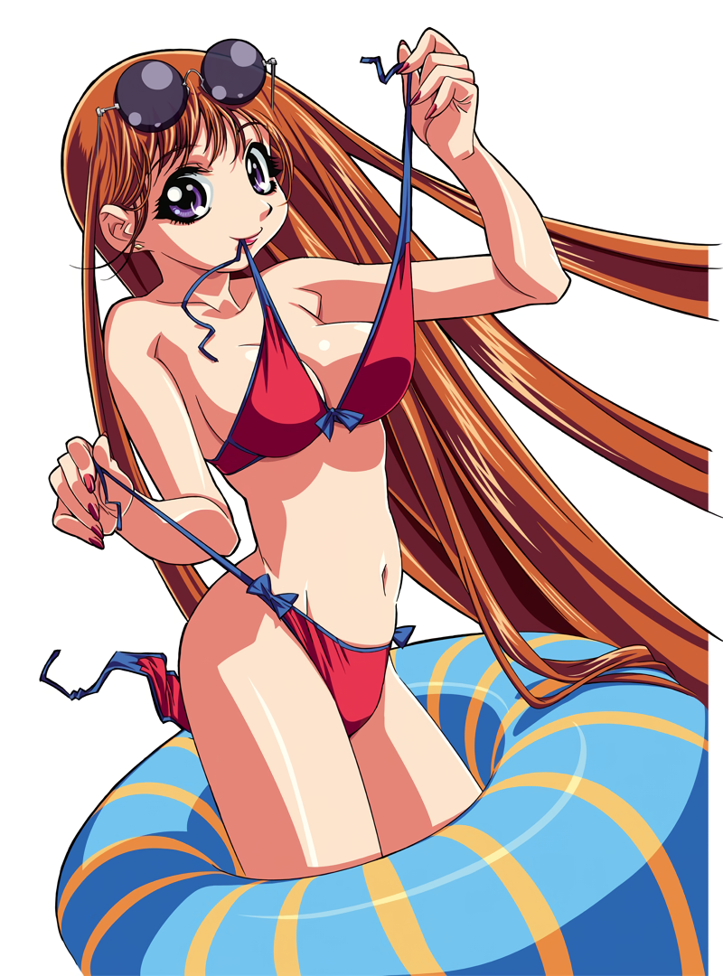 1girl bikini blue_eyes breasts comic_colorful_bee earrings eyewear_on_head gotou_keiji innertube jewelry long_hair looking_at_viewer medium_breasts mouth_hold navel non-web_source photoshop_(medium) red_bikini red_hair round_eyewear semi-rimless_eyewear simple_background smile solo swim_ring swimsuit untied_bikini very_long_hair white_background