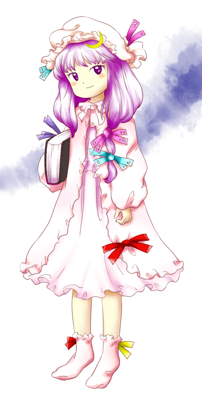 1girl blue_ribbon book closed_mouth crescent dress full_body hair_ribbon hat hat_ribbon head_tilt highres holding holding_book long_hair long_sleeves mob_cap nonamejd official_style patchouli_knowledge pink_ribbon purple_eyes purple_hair red_ribbon ribbon ribbon_legwear smile socks solo touhou tress_ribbon white_dress white_headwear white_socks yellow_ribbon zun_(style)