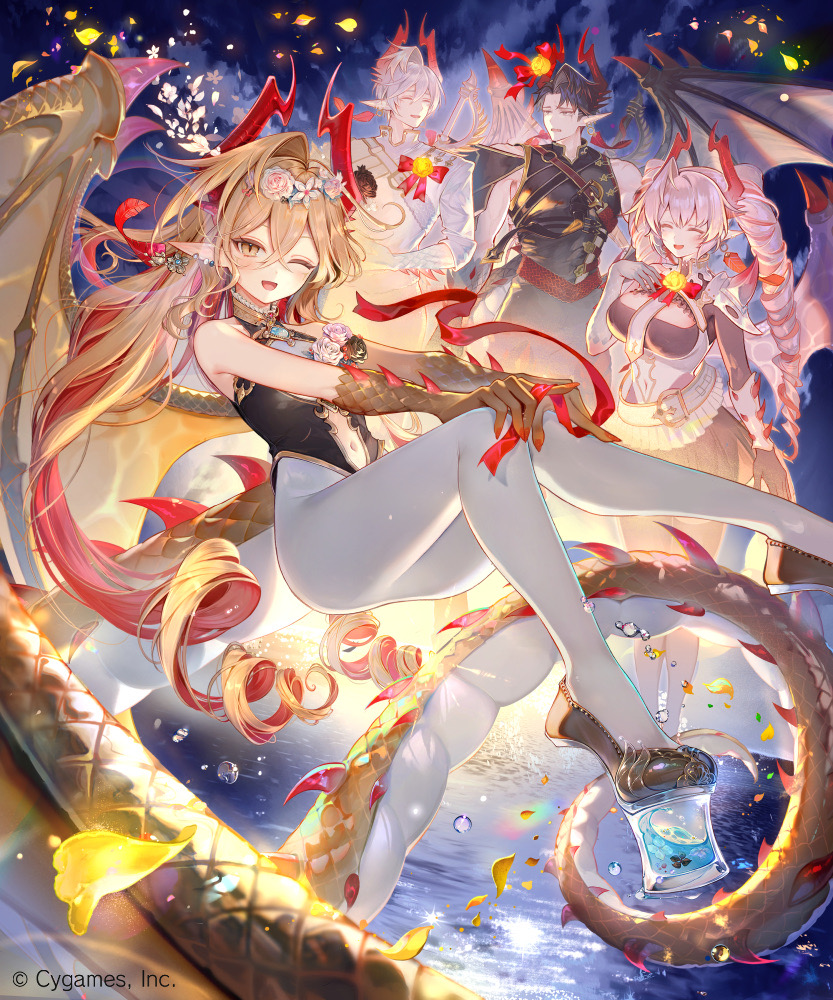 2boys 2girls argente_purest_silver_(shadowverse) black_hair blonde_hair blush breasts closed_eyes clothing_cutout colored_inner_hair dragon_boy dragon_girl dragon_horns dragon_tail dragon_wings drill_hair earrings grey_hair horns jewelry kouyafu large_breasts long_hair lumiore_prestigious_gold_(shadowverse) medium_breasts multicolored_hair multiple_boys multiple_girls navel navel_cutout official_art one_eye_closed open_mouth pantyhose pointy_ears red_hair shadowverse short_hair slit_pupils tail twin_drills two-tone_hair white_pantyhose wings yellow_eyes