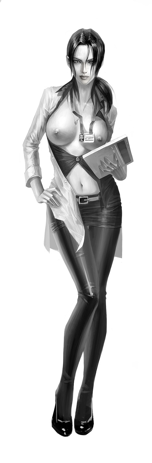 artist_request breasts breasts_outside coat greyscale high_heels highres large_breasts lips metal_gear_(series) metal_gear_solid metal_gear_solid_4 monochrome naomi_hunter nipples open_clothes pencil_skirt ponytail shoes skirt solo