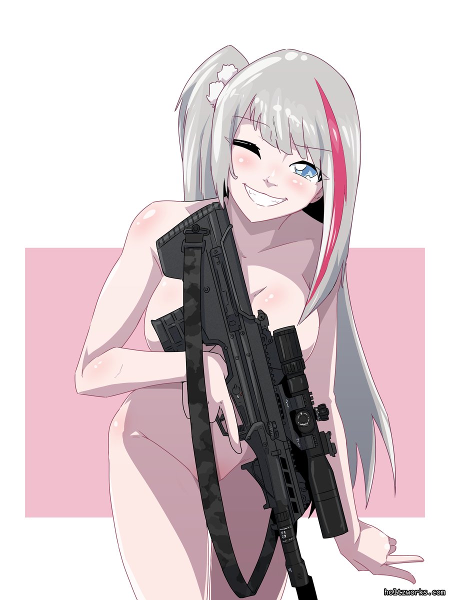 artist_name asymmetrical_bangs blue_eyes blunt_bangs breasts bullpup desert_tech_mdr girls'_frontline grey_hair groin gun highres holding holding_gun holding_weapon holtzworks leaning_forward leaning_to_the_side long_bangs long_hair mdr_(girls'_frontline) medium_breasts multicolored_hair nude one_eye_closed pink_background pink_hair ponytail scope side_ponytail simple_background smile teasing teeth trigger_discipline two-tone_hair v very_long_hair weapon white_background