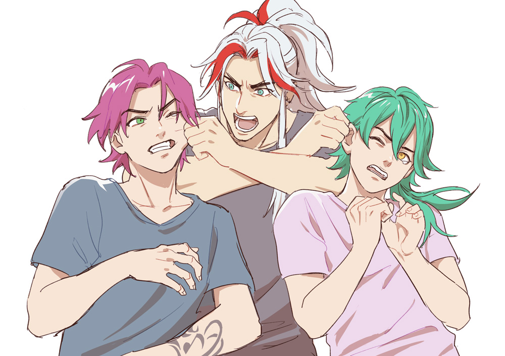 3boys angry arm_tattoo black_shirt cheek_pull clenched_teeth english_commentary ezreal fingernails grabbing_another's_ear green_eyes green_hair grey_shirt hair_between_eyes hand_on_another's_ear heartsteel_ezreal heartsteel_kayn heartsteel_yone kayn_(league_of_legends) league_of_legends long_hair magatsumagic male_focus multicolored_hair multiple_boys official_alternate_hairstyle one_eye_closed open_mouth parted_bangs ponytail purple_hair purple_shirt red_hair shirt short_hair short_sleeves sidelocks simple_background streaked_hair tattoo teardrop teeth two-tone_hair upper_body v-shaped_eyebrows white_background white_hair yellow_eyes yone_(league_of_legends)