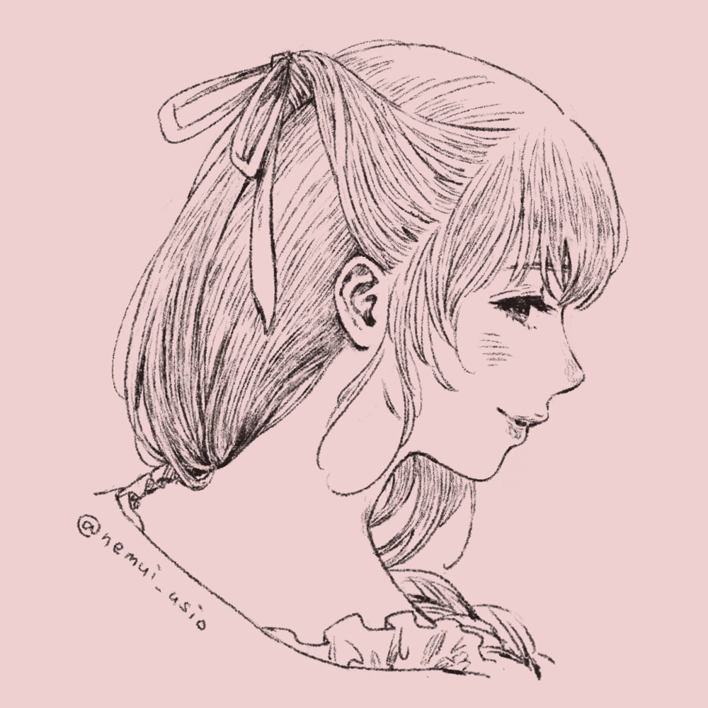 braid character_request eyelashes from_side hai_to_no_monogatari hair_ribbon half_updo lipstick looking_at_viewer makeup nemui_usio portrait profile red_theme ribbon sideways_glance simple_background sketch smile solo twitter_username