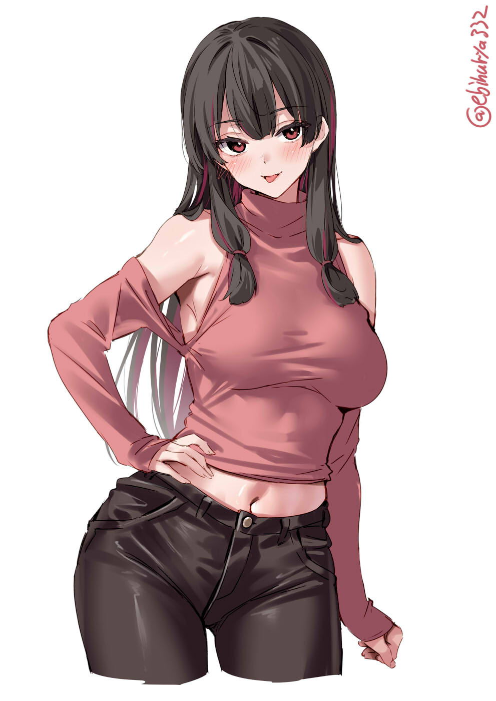 1girl alternate_costume armpits black_hair black_pants blush breasts cropped_legs ebifurya hair_ribbon hand_on_own_hip highres isokaze_(kancolle) kantai_collection large_breasts long_hair looking_at_viewer navel one-hour_drawing_challenge pants red_eyes ribbon sidelocks simple_background solo stomach thighs tongue tongue_out tress_ribbon twitter_username white_background