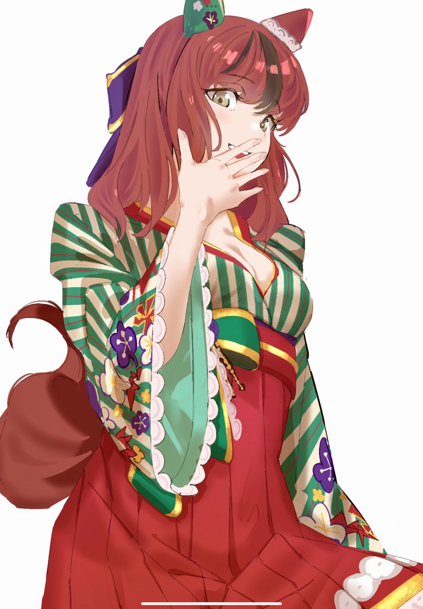 1girl animal_ears artist_name black_eyes blush bow brown_hair closed_mouth commentary ear_covers floral_print green_kimono hair_bow hair_down highres holding horse_ears horse_girl horse_tail japanese_clothes kimono long_hair long_sleeves looking_at_viewer medium_hair multicolored_hair nice_nature_(negaino_kasane)_(umamusume) nice_nature_(umamusume) official_alternate_costume official_alternate_hairstyle print_kimono purple_bow smile streaked_hair striped striped_kimono tail two-tone_hair uki_kumo umamusume vertical-striped_kimono vertical_stripes watermark wide_sleeves